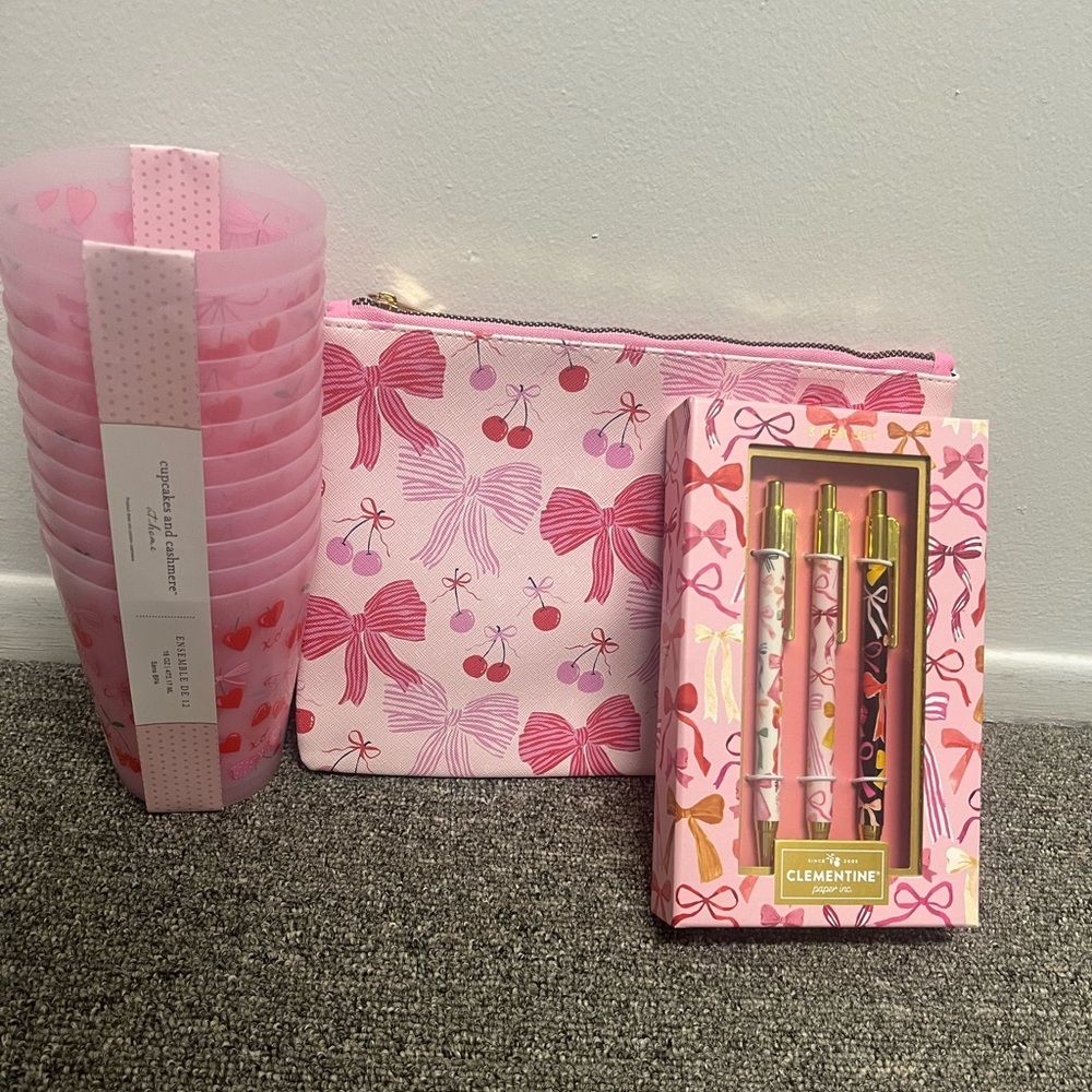 NEW Coquette Bow & Cherry Cups Pens and Pouch